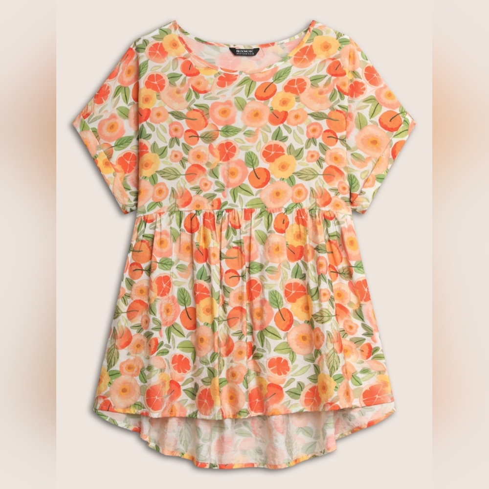 BloomChic fruit print curved hem blouse